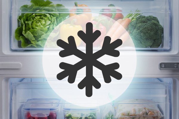 Fresh food in a frost free fridge drawer with a snowflake symbol